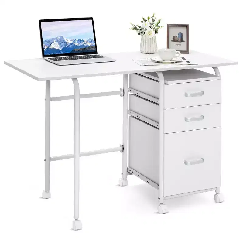 Costway Folding Computer Laptop Desk Wheeled Home Office Furniture w/3 Drawers White