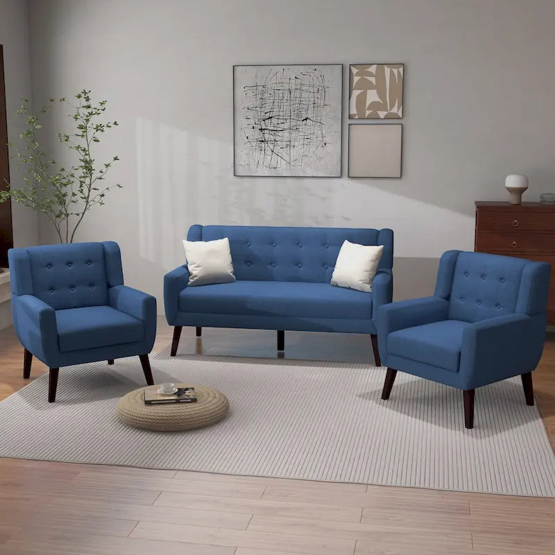 Tufted Linen/Cotton Loveseat with 2 Accent Chairs