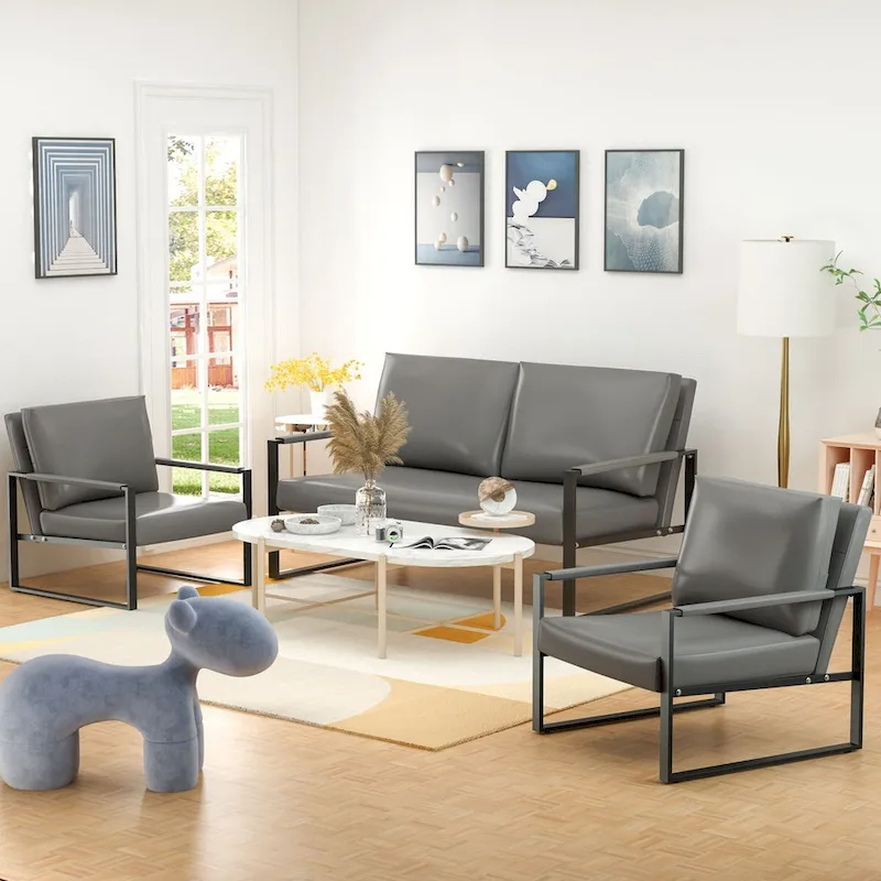 Mieres Mid-Century Style 3-Piece PU Leather Living Room Sofa Set Including 2 Armchairs and 1 Loveseat Sofa