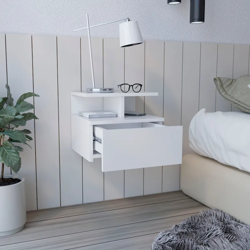 Adele Floating Nightstand with Open Shelf, Drawer, White