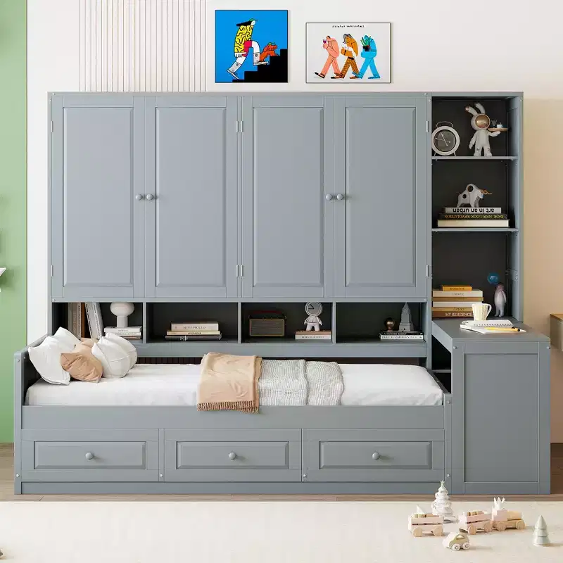 Twin/Full Size Wooden Daybed with All-in-One Desk, Shelves & 3 Drawers, Space-Saving Furniture with 400lb Capacity, White/Gray