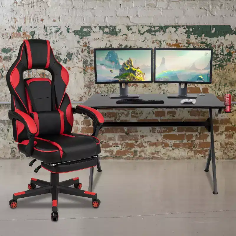 Flash Furniture Gaming Desk with Cup Holder/Headphone Hook/2 Wire Management Holes & Reclining Back/Arms Gaming Chair with Footrest