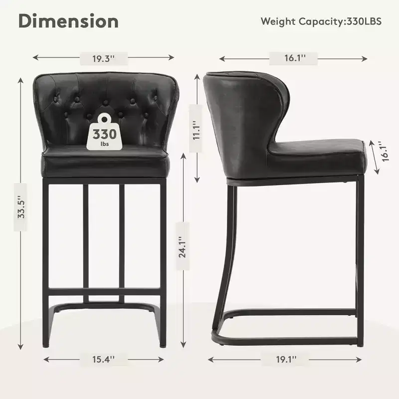 Counter Height Bar Stools 24 Inch - Faux Leather Upholstered, Metal Frame