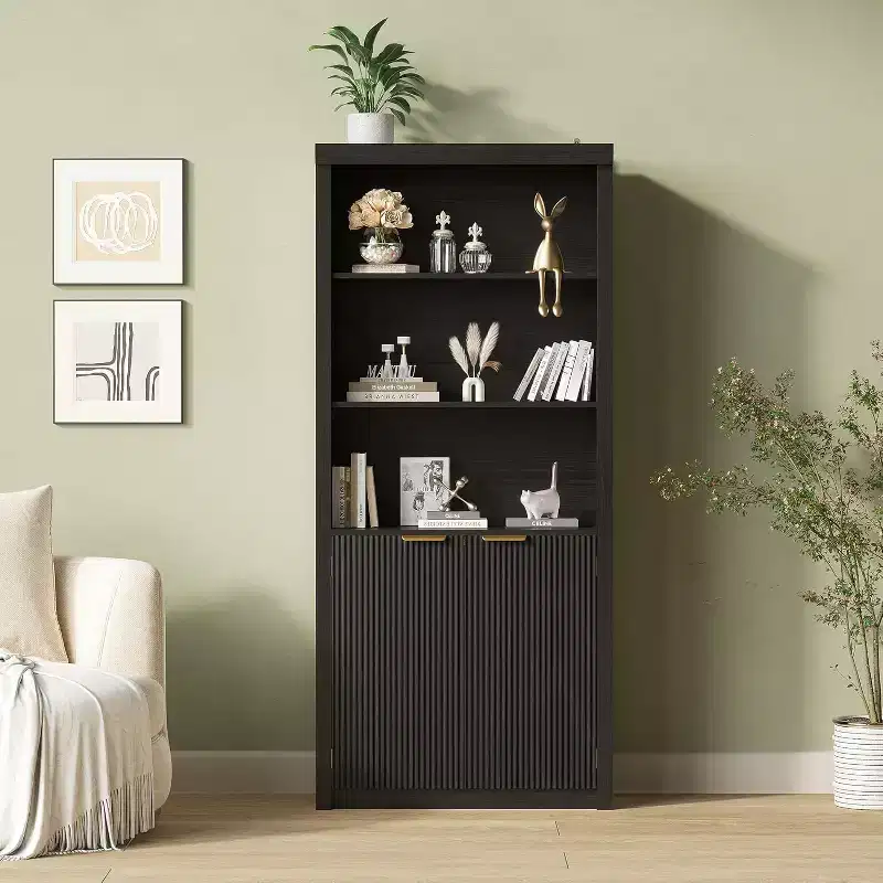 Tall Book Shelf and Bookcase, 31.5Wide Bookshelf with Drawer and Doors, Farmhouse Book Case with Storage, Wood Cabinet with 5 Tier Display Shelves