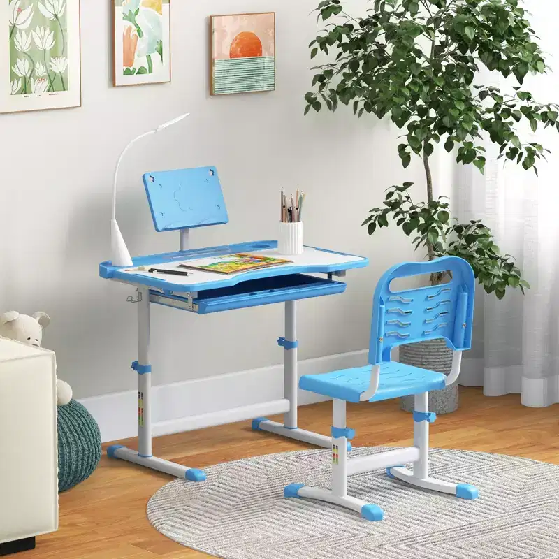 Kids Table and Chair Set with USB LED Lamp and Storage Drawer