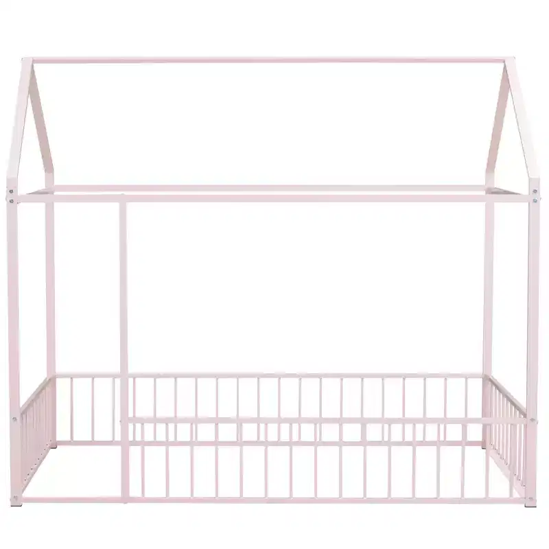 Twin Metal House Bed Frame with Fence, Low Profile Kids & Teen Bed Frame