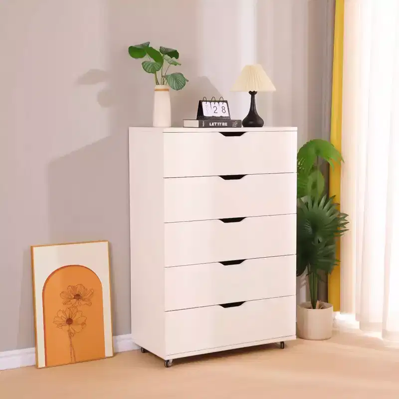 JVNOXK 30-inch Five-Drawer Cabinet with 4 Casters Modern Storage Cabinet with Cutout Handles Features Smooth-Gliding Drawers White