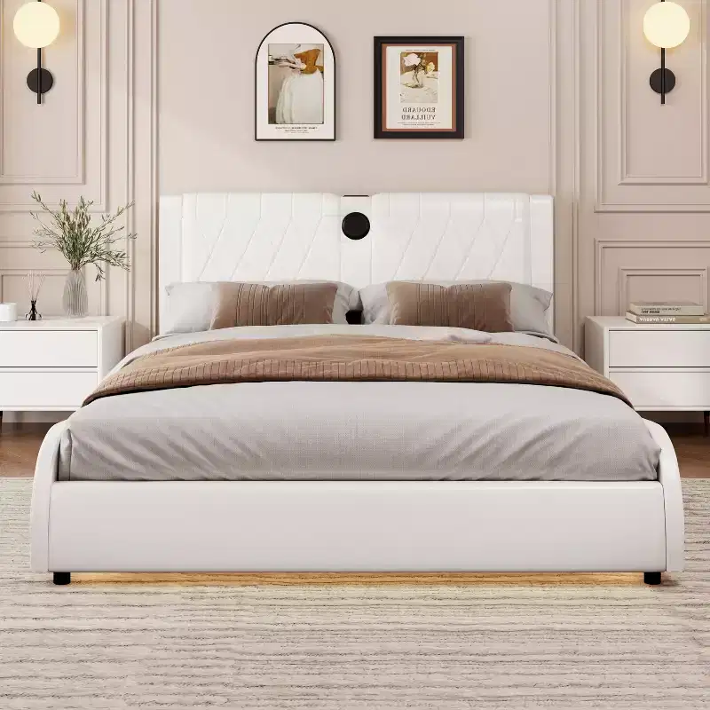 Modern Faux Leather Platform Bed with Bluetooth Speakers, RGB LED and Thickened Headboard