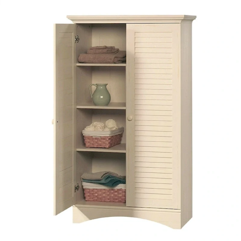 Vintage Antique White Wood Finish Wardrobe Armoire Storage Cabinet with Louver Doors - 35.4W x 16.8D x 61H