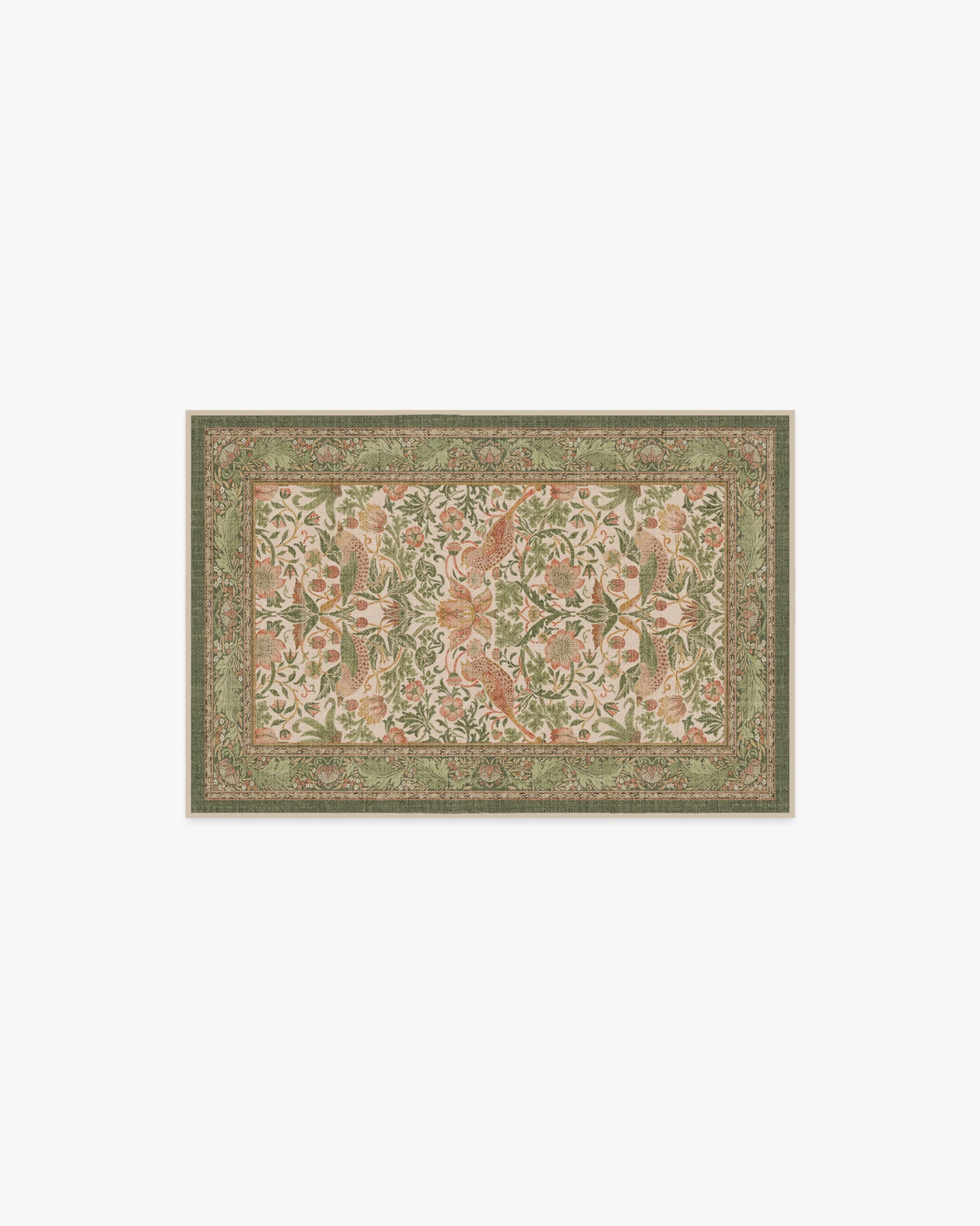 British Garden Flatwoven Rug with Washable Sage Rose Bird & Fruit Print for Living Room & Study