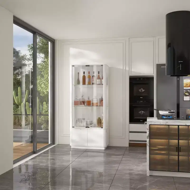 Famapy Modern Glass/Whiskey Wine Rocks,Display Cabinet,Liquor Display Shelf,LED-Lit,Tall Floor-Standing for Home Bar & Living Room