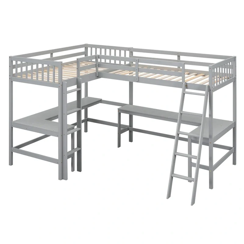 Twin L-Shaped Loft Bed with 2 Built-in Desks and Ladder, Solid Wood, Study Bedroom
