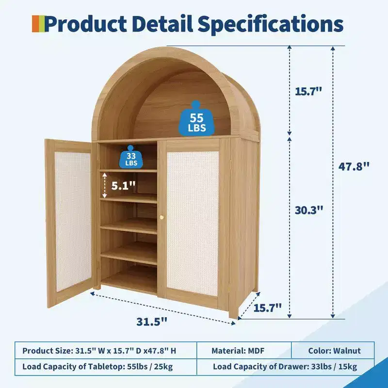 Coolmee 5 Tier Arched Shoe Storage Cabinet with Rattan Doors, Freestanding Shoe Rack with Adjustable Shelves for Entryway, Hallway, Living Room