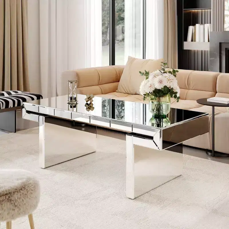 47 Rectangular Mirror Coffee Table with Fluted Glass Accents - Panipeachy