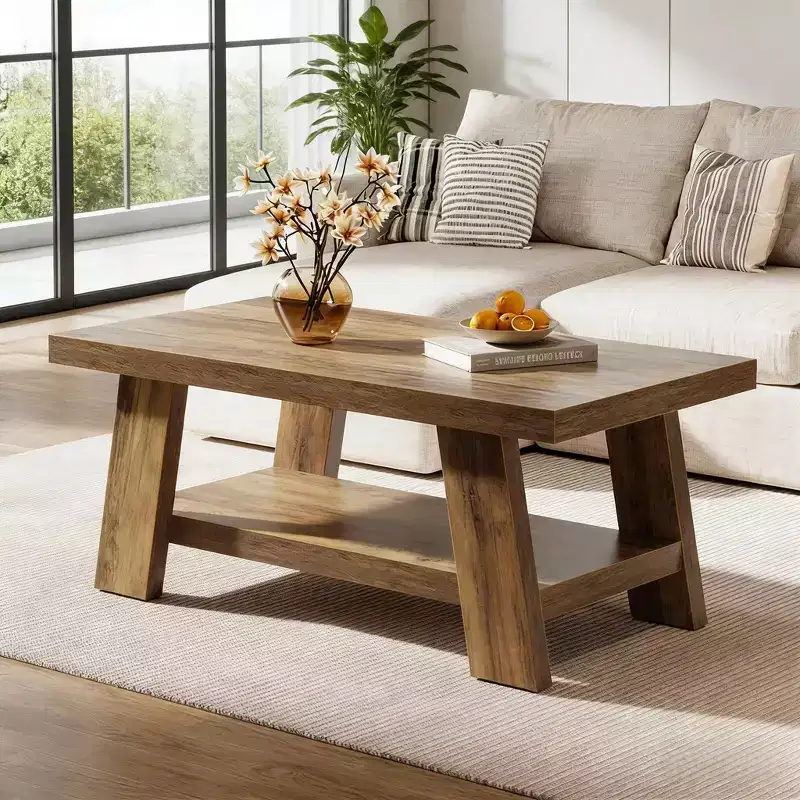 Brown Rectangle Coffee Table with 2-Tier Open Shelf, 1 Piece