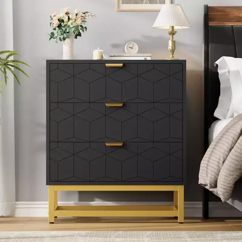 3-Drawer Wood Dresser with Gold Metal Base for Closet & Nightstand Use