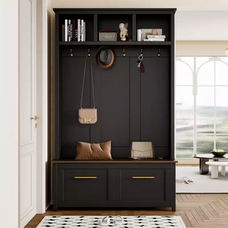 CLIHOME Versatile 4-in-1 Hall Tree with 6 Golden Hooks, Wood Grain Bench with Multiple Storage Space, Entryway Coat Rack with 2 Drawers