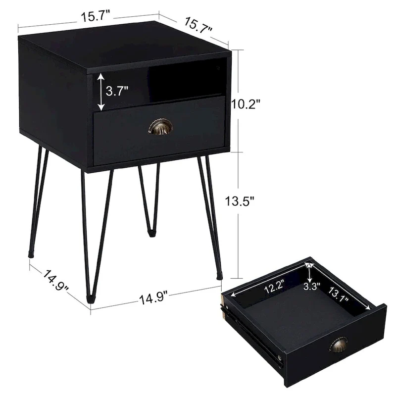 Modern Mid Century 1-Drawer Hairpin Nightstands, Brown/Blue/Black/Yellow, Four Options