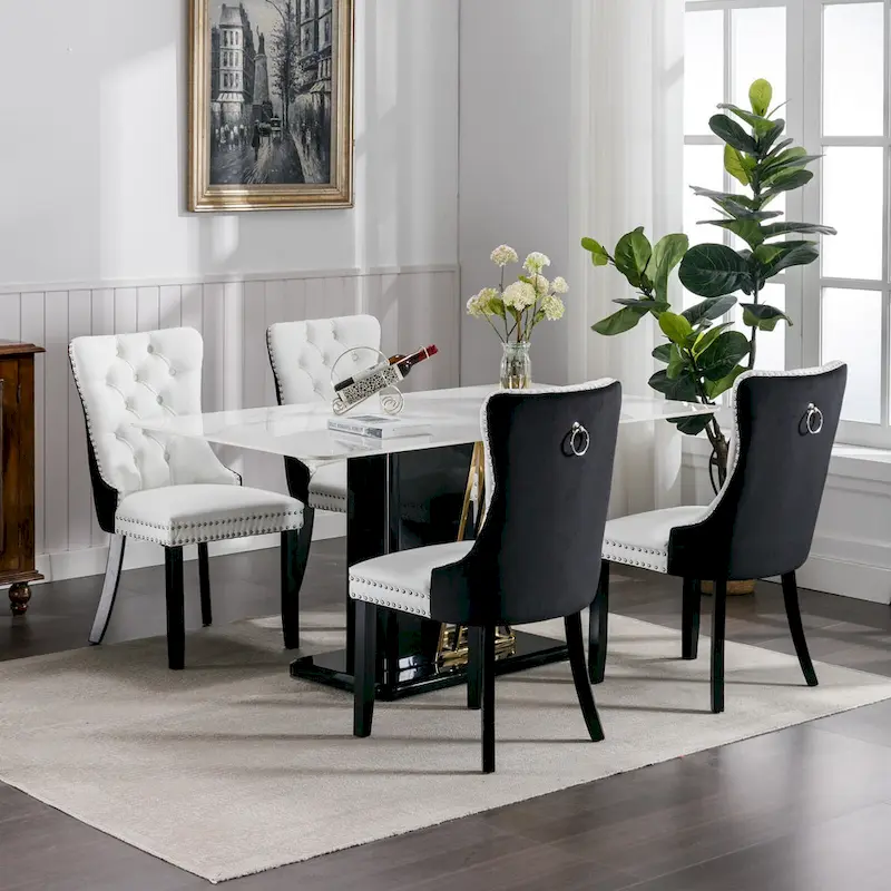 High Back Dining Chairs Set of 2, Upholstered PU Leather Kitchen Chairs Side Chair with Rear Handle Wood Legs