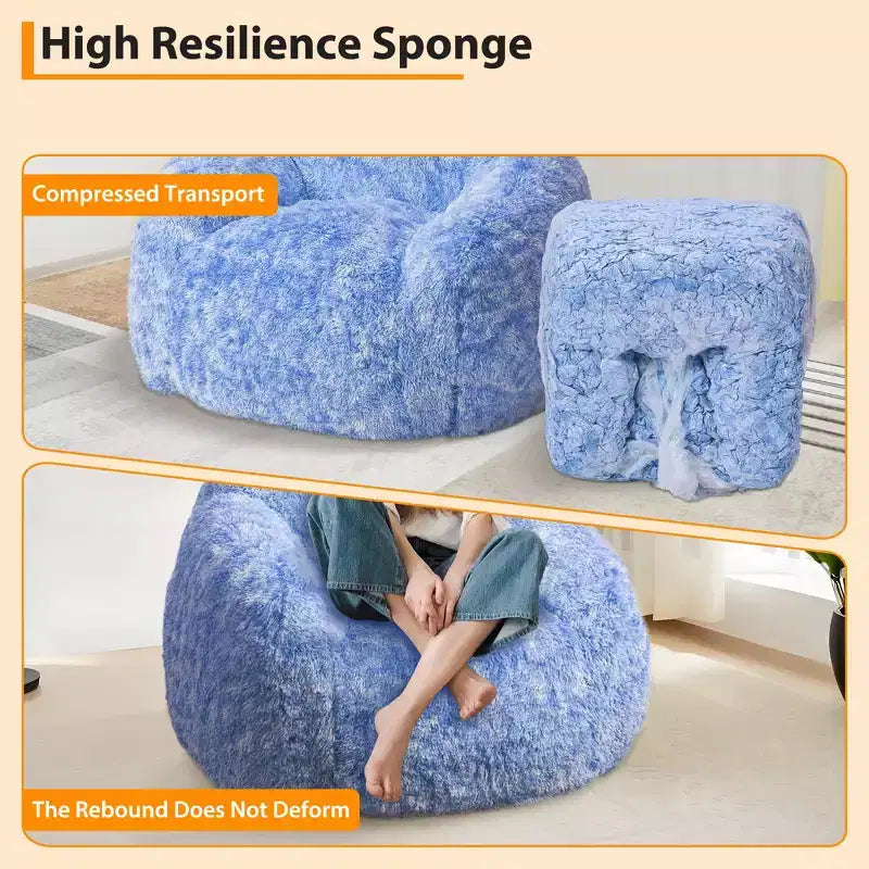 Adult Faux Fur Bean Bag Chair with Armrests - High-Density Foam Floor Sofa