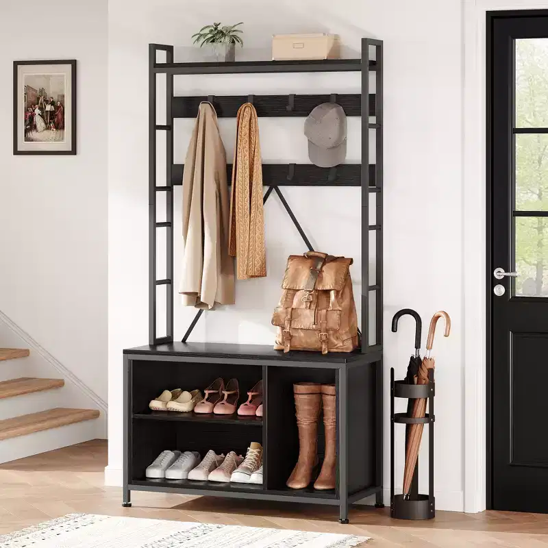 Shoe Rack for Closet, 36.41 Hall Tree with Shoe Storage Bench, Hallway / Entryway Bench with Coat Rack & Wall Rack 8 Hooks, Industrial Bench