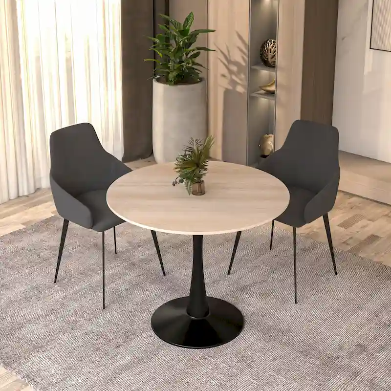 35in Round Dining Table with Sintered Stone Tabletop, Black Steel Pedestal Base, Scratch-Resistant