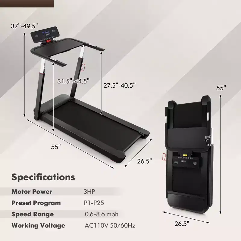 Gymax Folding Treadmill Max 3HP Walking Running Jogging Exercise Machine w/ LED Display Height Adjustable Handrail Dual Bluetooth Speaker