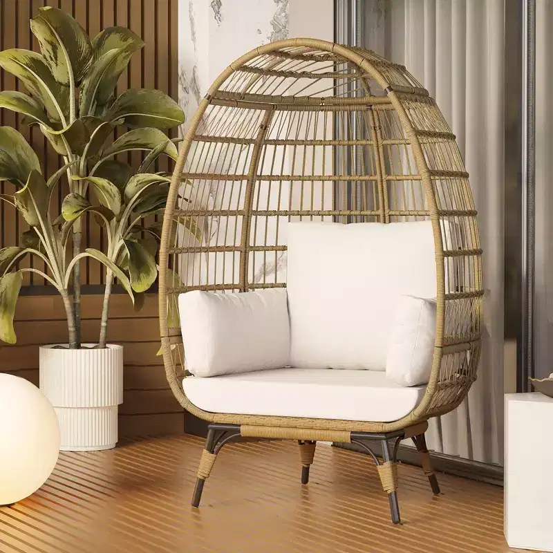 Oversized Indoor/Outdoor Egg Chair with Steel Frame - Wicker Rattan Hanging Basket Lounge Chair for Patio, Garden, Living Room