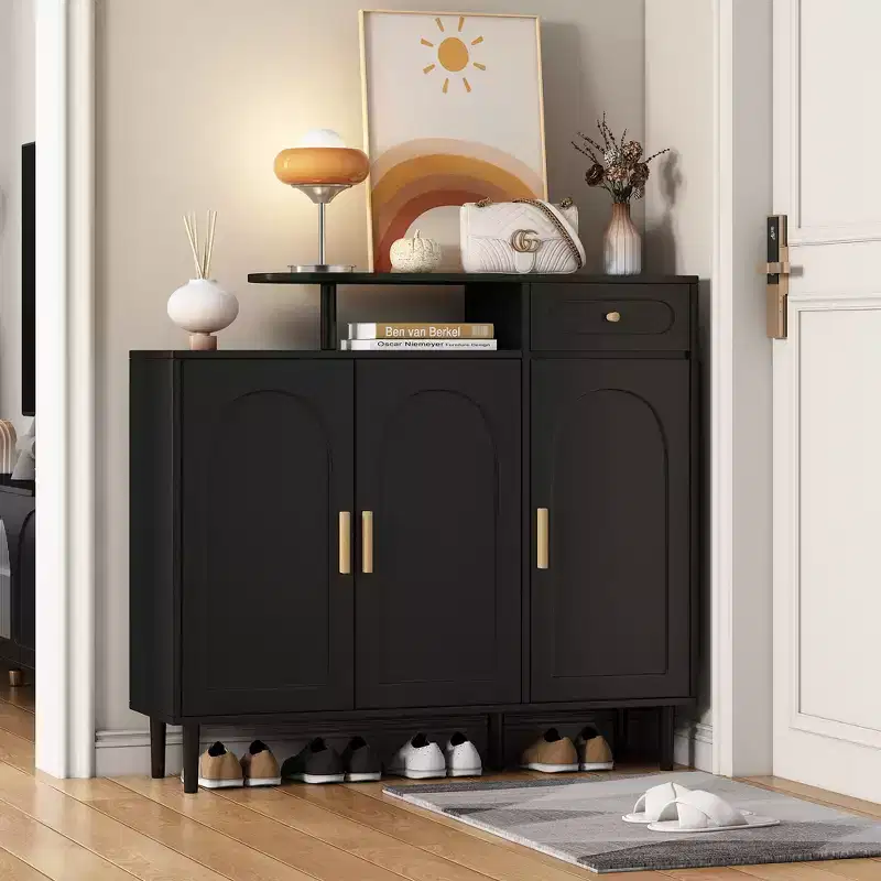 JVNOXK Stylish and elegant shoe cabinet, cream-colored storage sideboard with adjustable shelves and solid wood legs, black