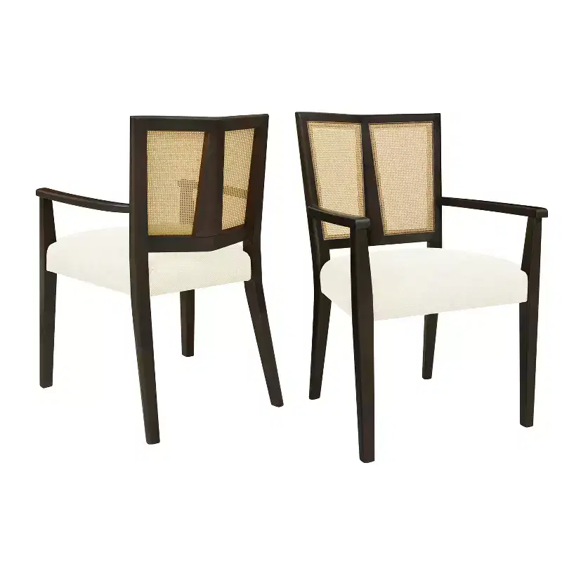 Beige/Dark Brown Upholstered Dining Arm Chairs with Rattan Back, Set of 2