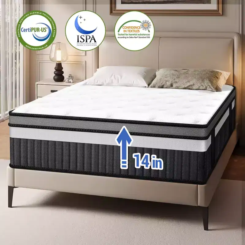 14 Inch Queen Mattress - Memory Foam Mattress, Medium Firm Feel, CertiPUR-US Certified Cool & Pocket Springs, 3D Knit Fabric, Motion Isolation