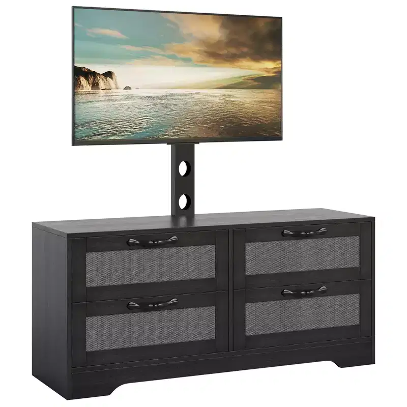 Farmhouse Rattan 4 Drawer TV Stand with Mount (Fits TVs Up to 70 Inch), Wooden Entertainment Center, Storage Media Console for Living Room & Bedroom