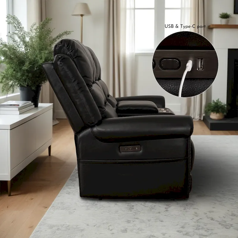 Genuine Leather Black Power Recliner Sofa, Loveseat, Recliner With Adjustable Headrest and Extendable Footrest
