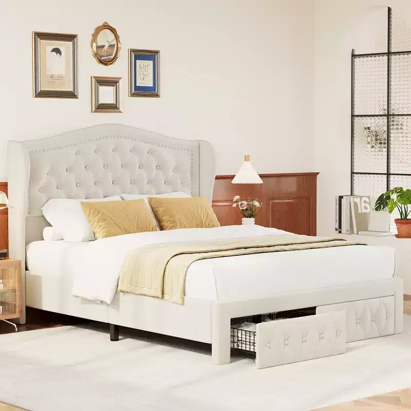 Queen Bed Frame, Velvet Upholstered Platform Bed with 2 Storage Drawers, Tall Wingback Headboard, Wooden Slats, No Box Spring Needed
