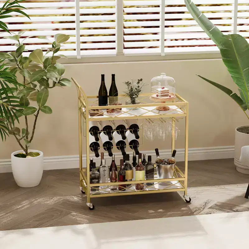 Bar Cart, 2-Tier Home Bar Serving Cart, Mobile Beverage Cart with Wine Racks, Glass Holders, Rolling Wine Cart for Kitchen, Dining Living Room, Gold