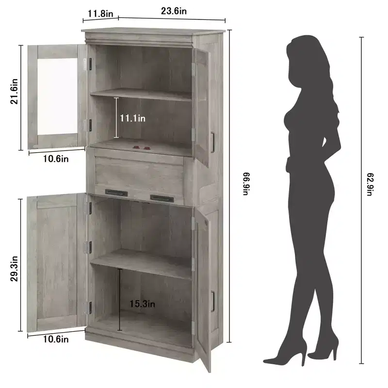 67 Tall Bathroom Cabinet with 4 Doors & Flip Glass Drawer, Storage Cabinet with Adjustable Shelves, Freestanding Organizer for Kitchen,Pantry,Living