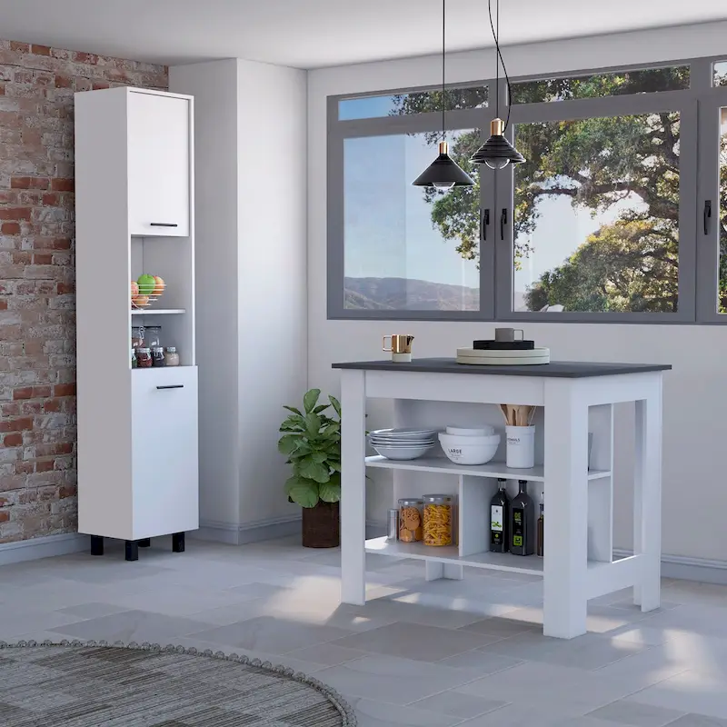 FM Furniture Nashville 2 Piece Kitchen Set, Brooklyn Kitchen Island and Sheffield Pantry Cabinet