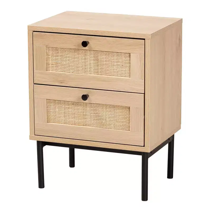 Baxton Studio Sherwin 2 Drawer End Table with Woven Rattan Accent Light Brown/Black: Mid-Century Storage, Metal Base