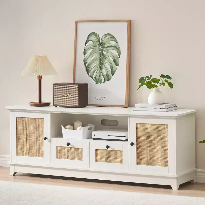 Rattan TV Stand for 65in, White Modern Console Table with Storage, Entertainment Center Cabinet, Wood TV Console Media Cabinet Furniture