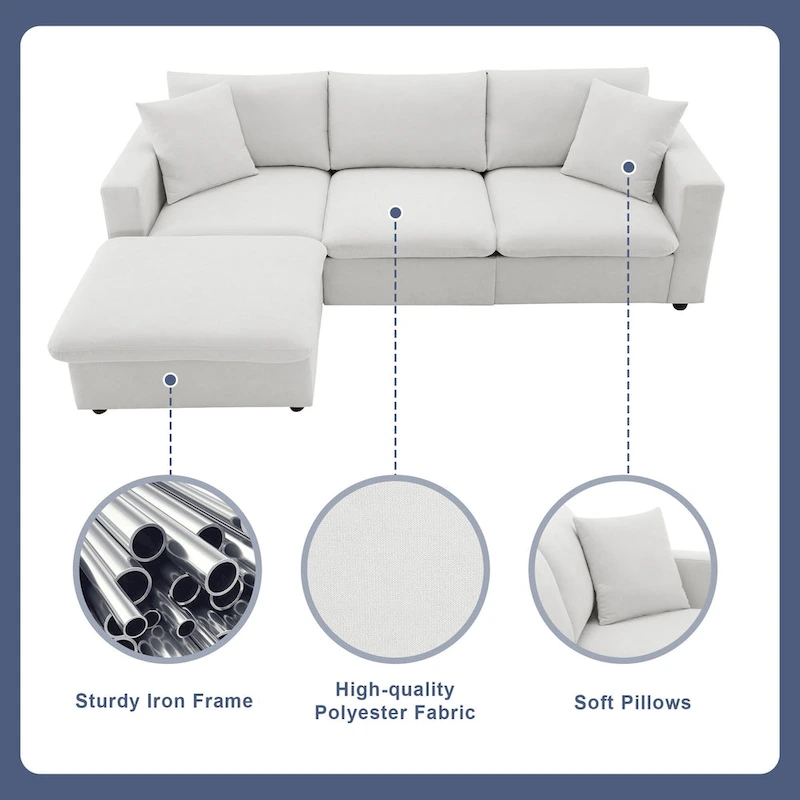L-shaped Polyester Fabric Couch Set with 2 Free Pillows and Convertible Ottoman
