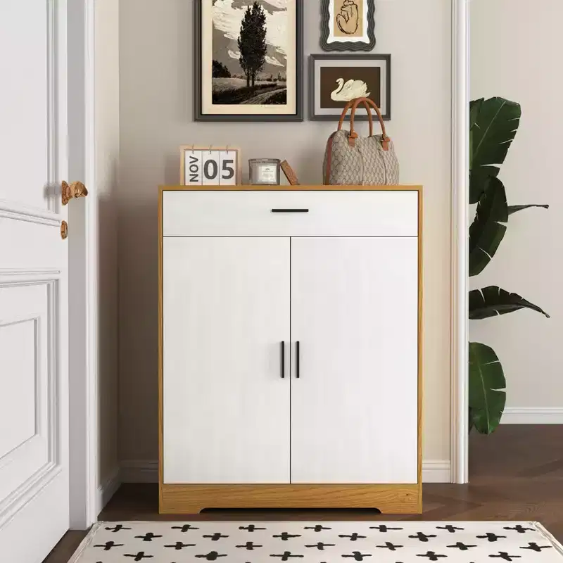 Shoe Cabinet, 4-Tier Rack with 1 Drawer, Freestanding Wooden Storage with 2 Doors & Adjustable Shelves for Entryway/Hallway