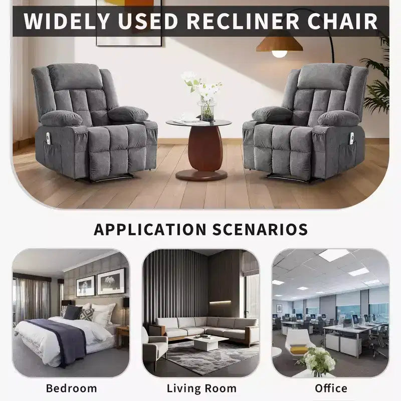 Large Recliner Chair, Manual Reclining Sofa with Massage and Heat, Comfy Sofa Chair with 3 Positions, 2 Side Pockets, 2 Front Pockets and 2 Cup Holder