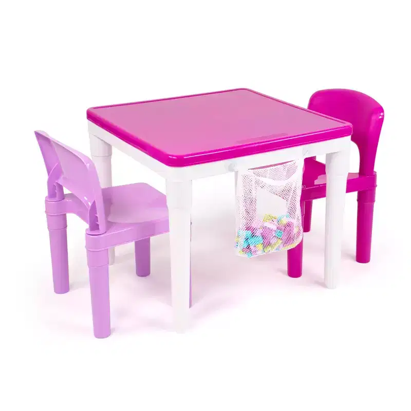 3pc Kids' 2 in 1 Square Activity Table with Chairs and 100pc Building Blocks Pink/Purple - Humble Crew: Toddler Table Set