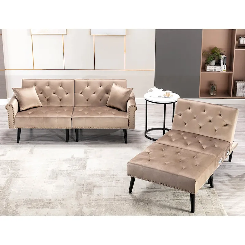 Convertible Velvet Sofa Couch, Sectional Sofa with Ottoman, Mid-Century Futon Sofa Bed - 32D x 100.7W x 29.9H