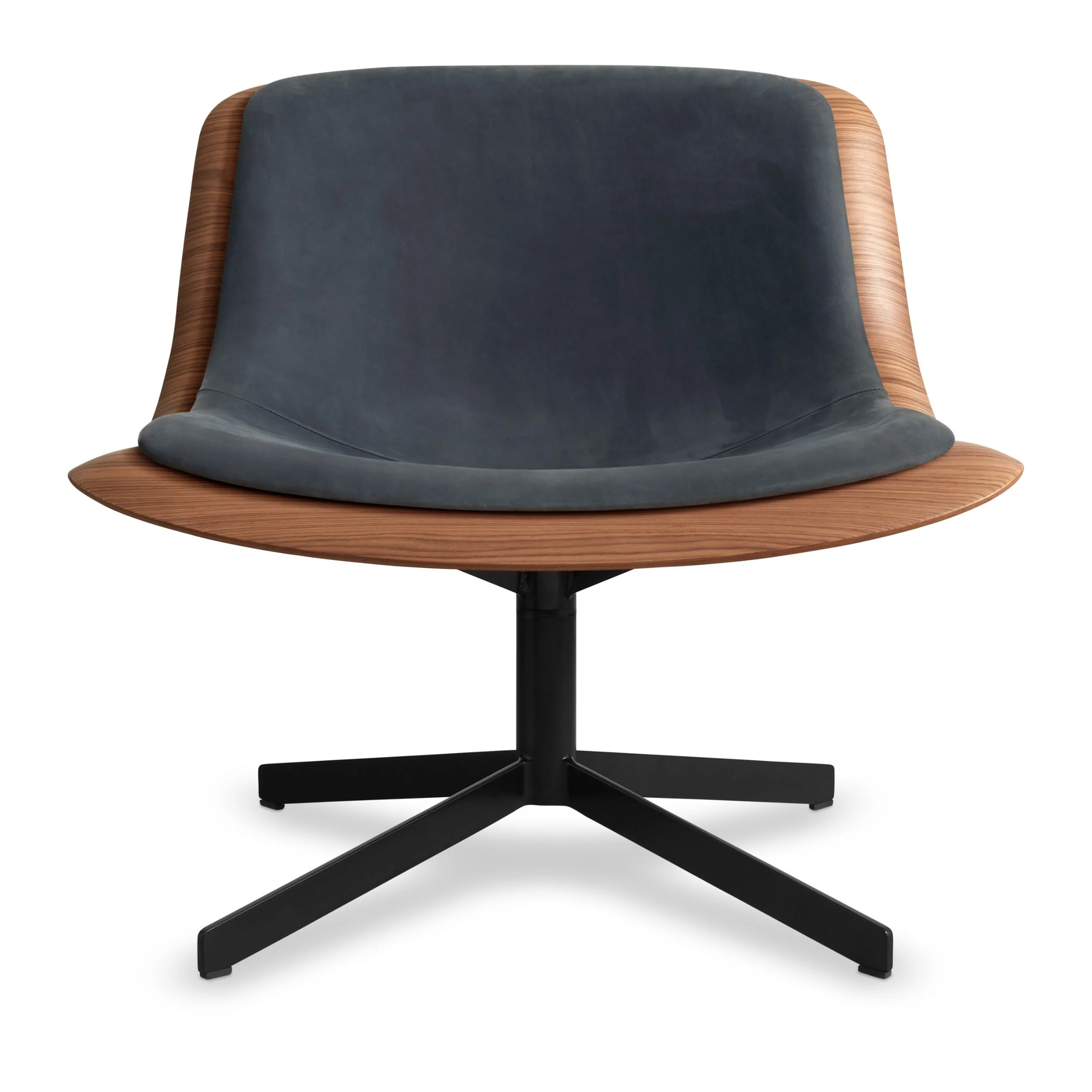 Modern Walnut Wood Swivel Lounge Chair with Bent-Ply Shell & Leather Pad for Living Room