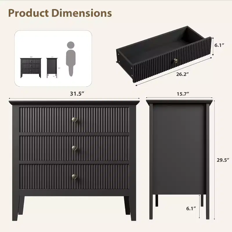Fluted 3-Drawer Dresser & Nightstand, 31.5 Wide Modern Painted Wood Chest for Bedroom, Hallway or Entryway