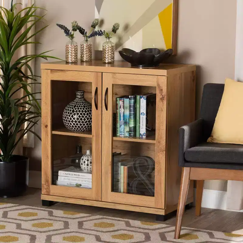 Zentra Wood 2 Door Storage Cabinet with Glass Doors, Oak Brown/Black