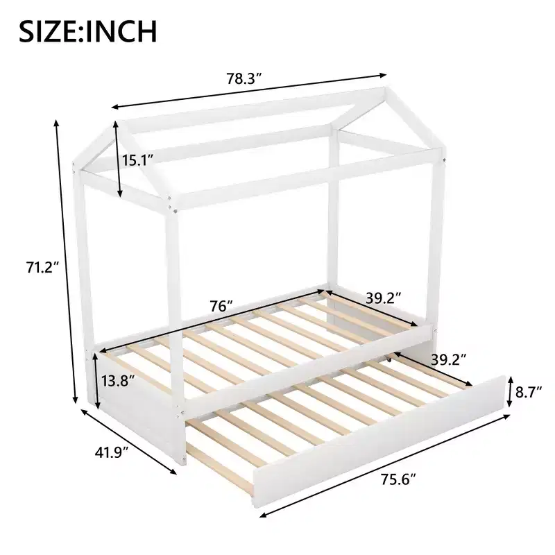 Twin Size Wood House Bed with Trundle, White