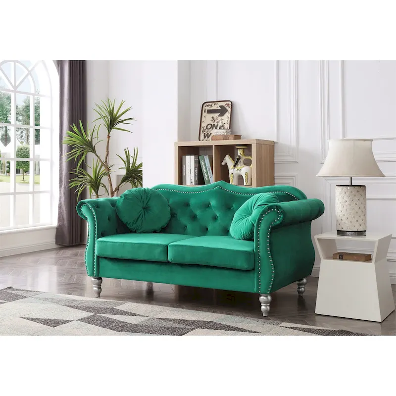 Hollywood 68 in. Velvet Chesterfield Loveseat with 2-Throw Pillow - 68L x 35W x 34H