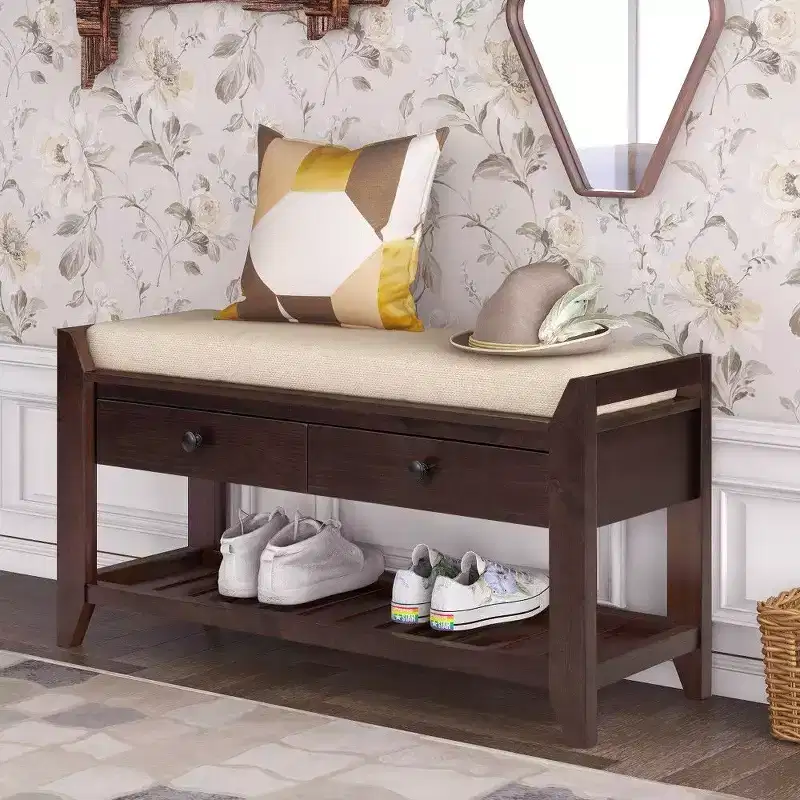 Solid Wood Shoe Storage Bench with 2 Drawers & Cushion, Multipurpose Entryway Organizer with Grid Rack Base, Espresso